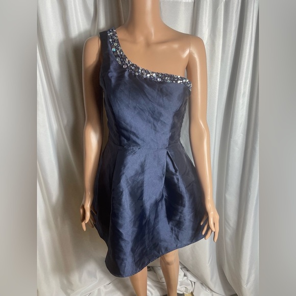 Midnight Blue Juniors Size 3 Rhinestone Elegant One-Shoulder Mini Navy Dress NWT - Picture 1 of 11
